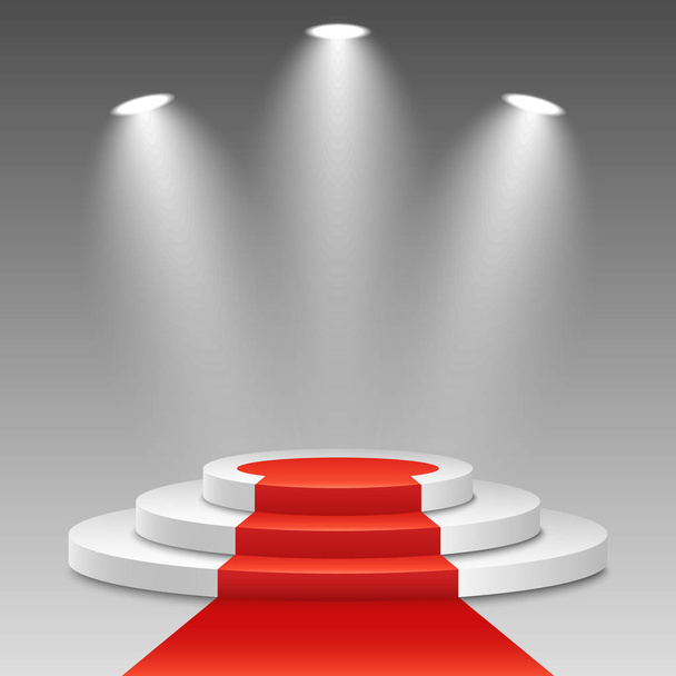 White podium with a red carpet on a transparent background. The winner is in first place. Bright white light from searchlights. Light pedestal. Festive event. Vector - Vetor, Imagem