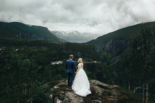 Beautiful wedding couple on mountain locations - Foto, imagen