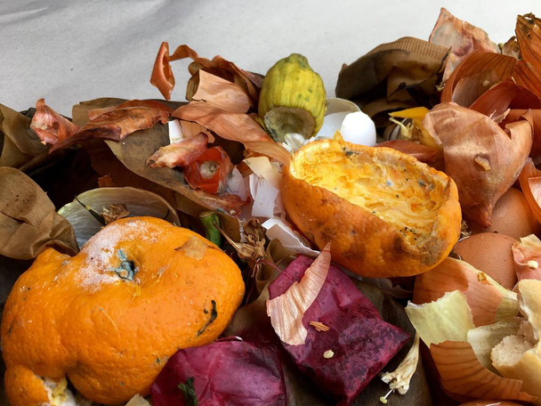 Different sorts of rotten fruits and vegetables on gray paper  - Foto, imagen