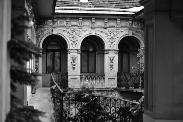 Cuadro monocromo de la casa del patio, Europa
 - Foto, Imagen