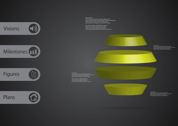 3D Illustration Infografik Vorlage mit rundem Sechseck horizontal geteilt in vier grüne Scheiben - Vektor, Bild