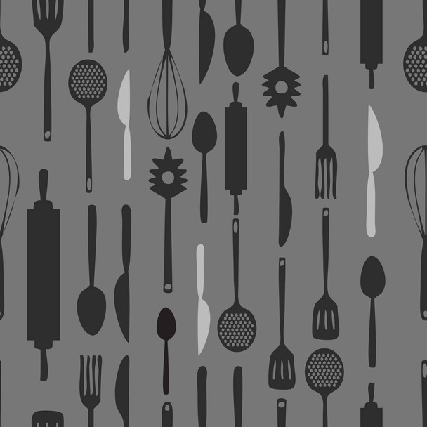 seamless kitchen tools monochrome pattern background - Vector, Image