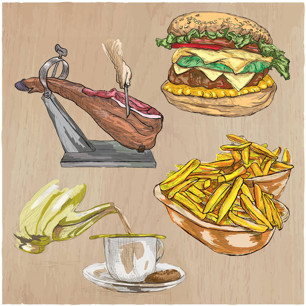 Food. Freehands, hand drawn vector collection. Line art techniqu - Vector, Image