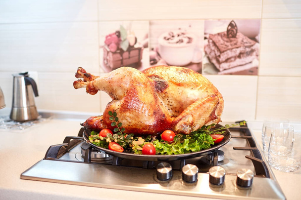 Baked roasted chicken on a holiday table. Food concept. - Foto, Bild