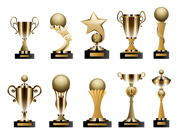 Beautiful golden trophy cups and awards of different shape realistic set isolated on white background. Vector illustration - Vector, Image