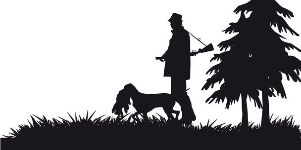 Hunter with dog hunting animals in the forest - black and white silhouette - Vector, Image