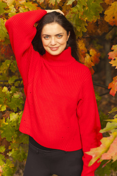 Bruntte sonriente en el bosque durante un otoño
. - Foto, imagen