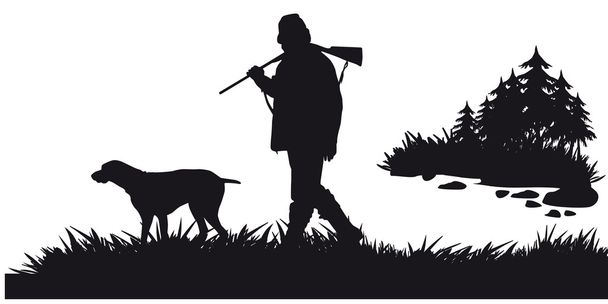 Мисливець з собаками полювання на тварин у лісі - чорно-білий силует
 - Вектор, зображення