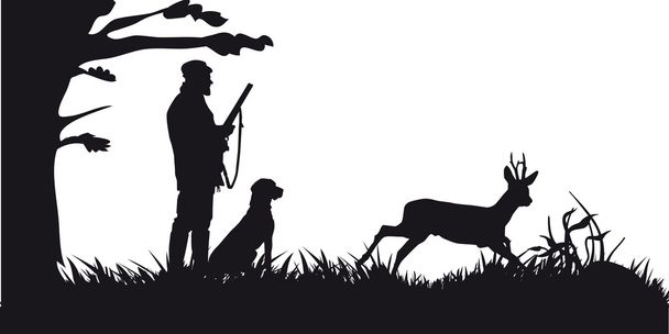 Охотник с собакой охотятся на животных в лесу - черно-белый силуэт
 - Вектор,изображение