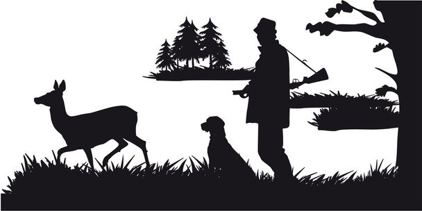 Hunter with dog hunting animals in the forest - black and white silhouette - Vector, Image