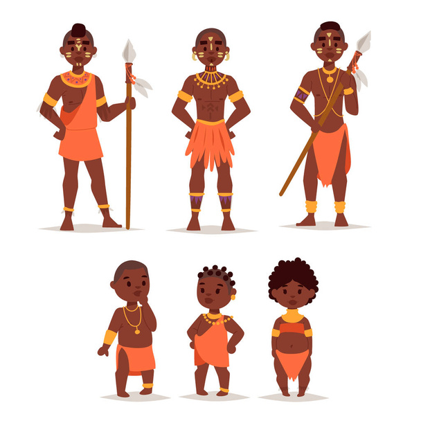 De Afrikaanse bevolking Maasai in traditionele kleding gelukkig mens gezinnen vector illustratie. - Vector, afbeelding