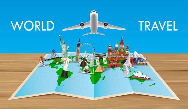 landmark on world map with flying airplane - Vector, Image