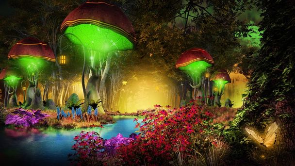 Fantasy grzybów w lesie - Zdjęcie, obraz