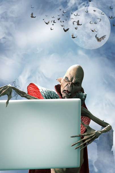 Ilustración 3D de vampiro zombie divertido Drácula mostrar pancarta signo fondo de Halloween
 - Foto, Imagen