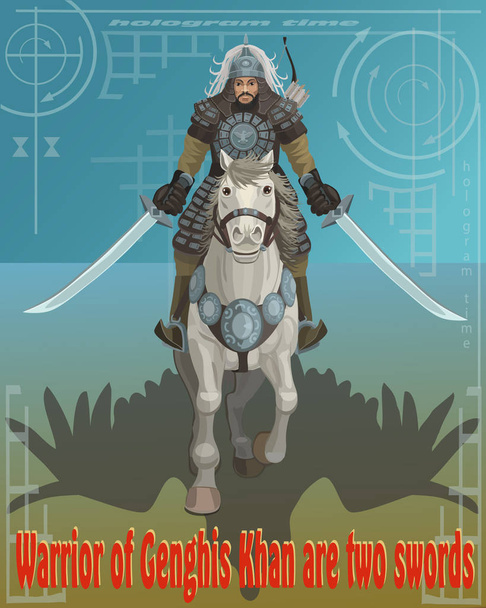 Warrior two swords of Genghis Khan on horseback - Vektör, Görsel