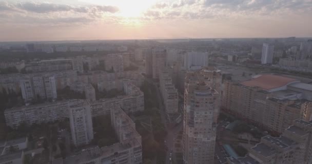 aerial photography of the city of Kiev. 21. August 2017. sunrise over multi-storey houses megapolesa. the left bank of kiev. cityscape from a bird's eye view. summer sunny morning.  - Footage, Video