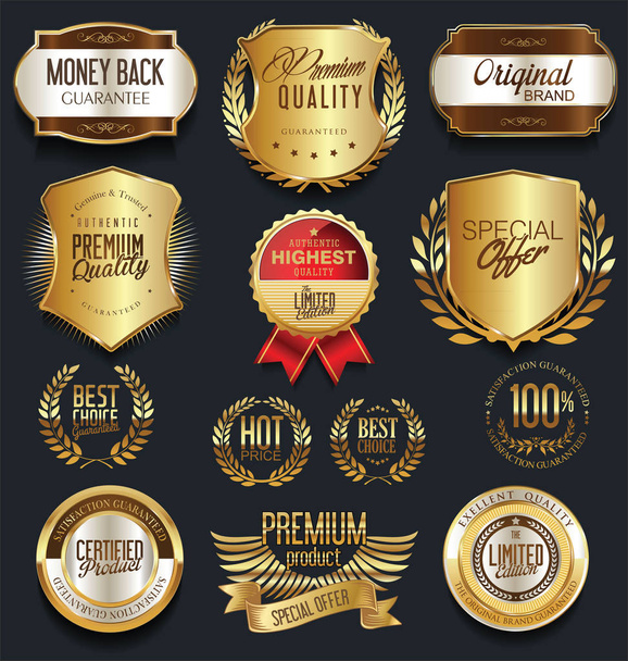 Gold and silver shields laurel wreaths and badges collection - Vector, Imagen