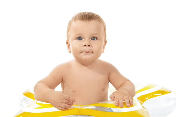 Cute little baby with inflatable ring, isolated on white - Φωτογραφία, εικόνα