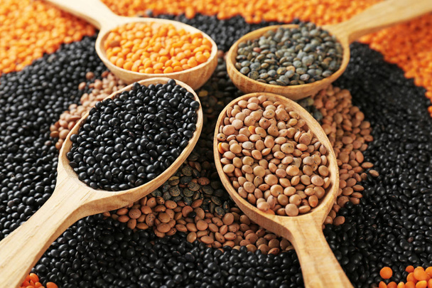 Composition with different types of lentils and wooden spoons - Valokuva, kuva