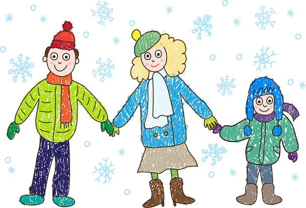 Kids Drawing. Family in the winter: mother, father - Vector, Image
