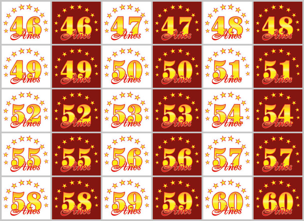 Altın dizi 46 60'a numaralar ve kelime yılın yıldız bir daire ile dekore edilmiştir. Vektör çizim. Tercüme İspanyolca - yıl  - Vektör, Görsel