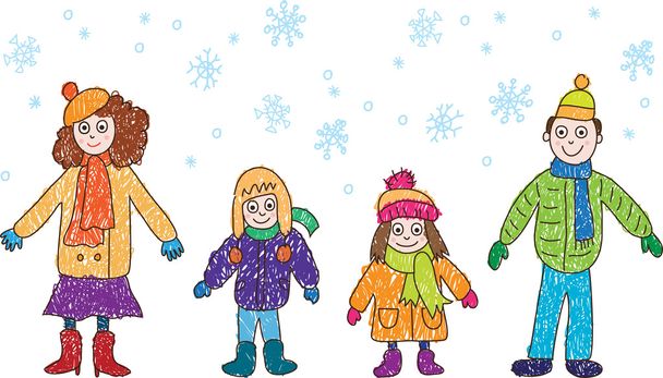 Kids Drawing. Family in the winter - Vector, Image