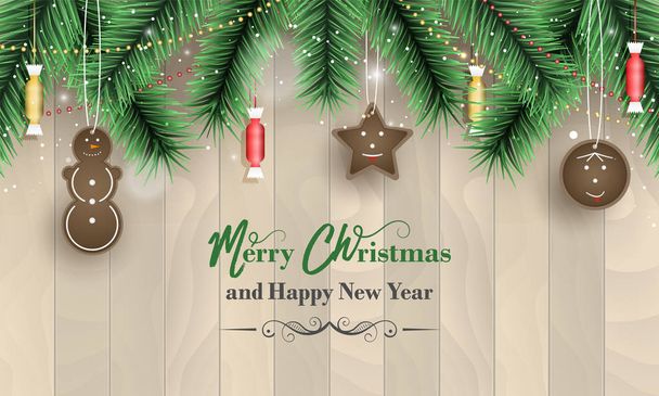 Χαρούμενα Χριστούγεννα και Ευτυχισμένο το νέο έτος πανό με ξύλινο μοτίβο, πράσινα κλαδιά, χιονόπτωση, διακόσμηση μελόψωμο και καραμέλες. Διανυσματική σχεδίαση. - Διάνυσμα, εικόνα