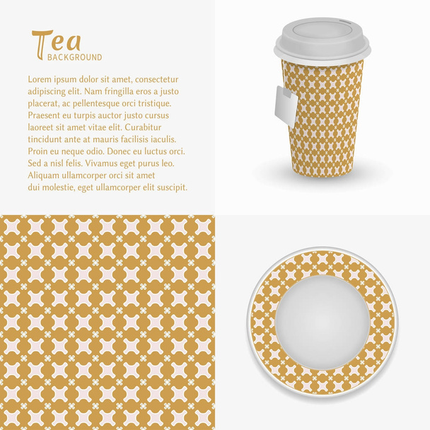 Cardboard paper cup of tea, saucer with ornament and seamless pattern. Take away tea packaging template, isolated design elements for coffee shop, restaurant menu. Realistic vector cup and saucer - Vettoriali, immagini