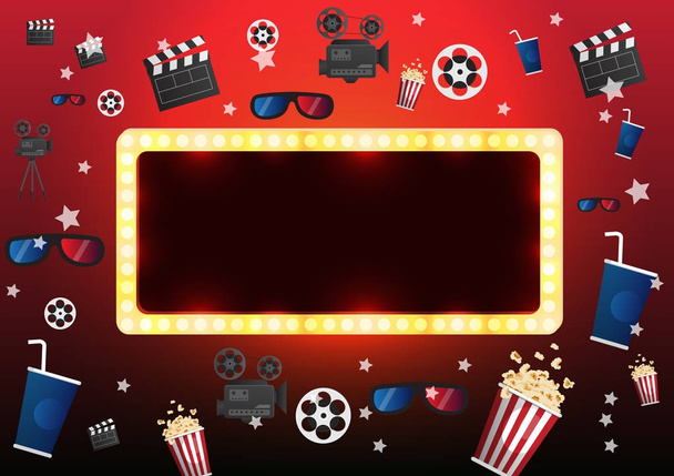 theater sign or cinema sign on curtain with spot light.vector - Vector, Image