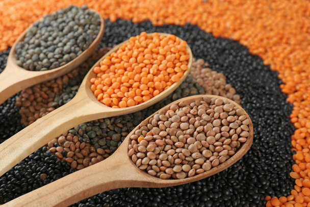 Composition with different types of lentils and wooden spoons - Foto, Imagem