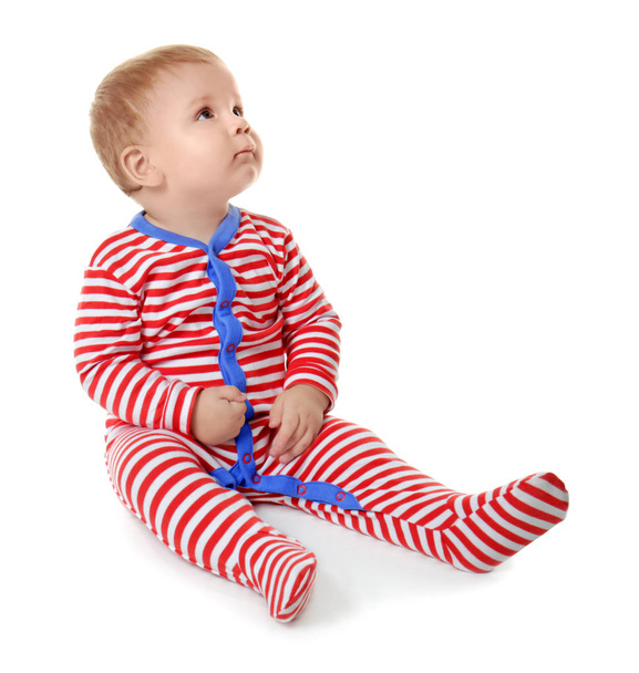Cute little baby in striped romper suit, isolated on white - Φωτογραφία, εικόνα