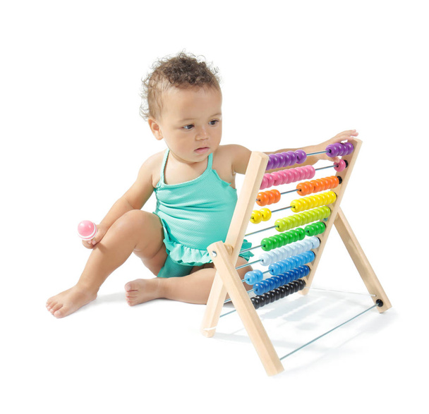 Cute little baby with abacus, isolated on white - Valokuva, kuva