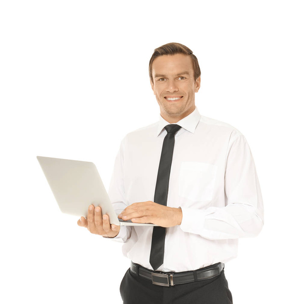 Young businessman using laptop on white background - Φωτογραφία, εικόνα