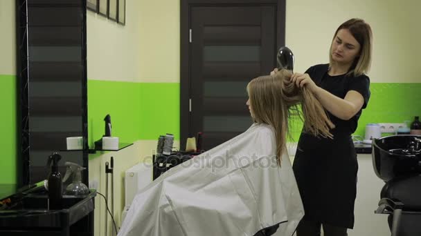 Friseur trocknet Mädchen Haare mit Föhn - Filmmaterial, Video