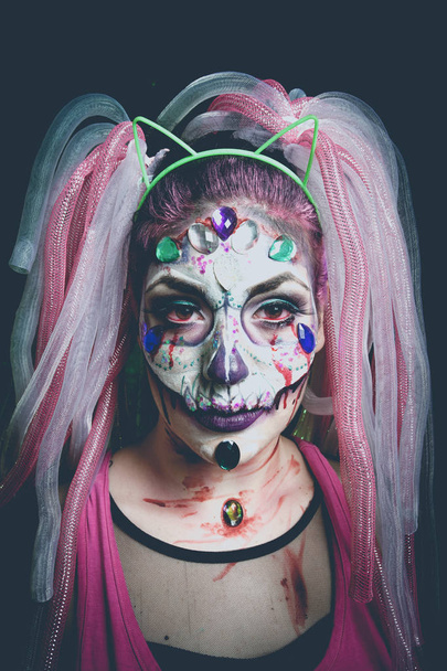 şeker kafatası makyaj korkunç Cadılar Bayramı kadınla  - Fotoğraf, Görsel