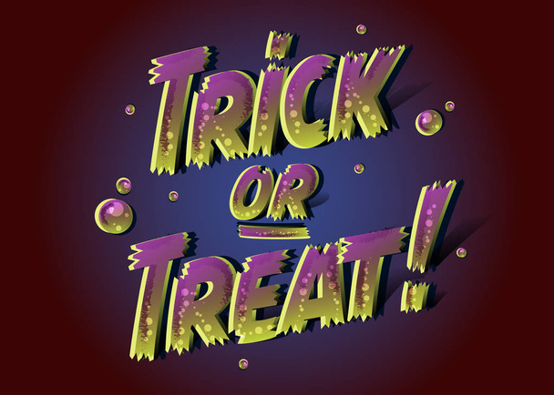 Trick or Treat Text for Halloween Poster (em inglês). Texto de zumbi 3D no estilo dos desenhos animados com cores roxas e verdes. Cartas manuscritas com efeito infectado. Dia das Bruxas
.  - Vetor, Imagem