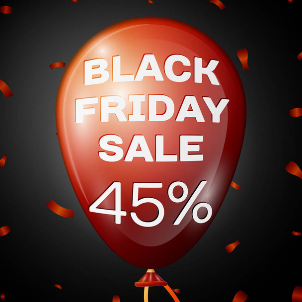Realistische glanzende rode ballon met tekst zwarte vrijdag verkoop veertig vijf procent voor korting op zwarte achtergrond. Zwarte vrijdag ballon concept voor uw business sjabloon. Vectorillustratie - Vector, afbeelding