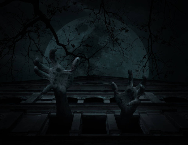 Zombie ruka vystupují ze starého okna hradu nad mrtvý strom - Fotografie, Obrázek