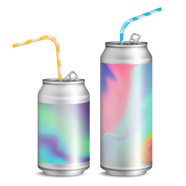Realistic Metallic Cans Vector. Soft Drink. 3D Blank Aluminium Cans. Colorful Drinking Straws. Different Types. Good For Branding Design. 500, 300 ml. Isolated Illustration - Vector, Image