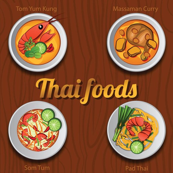 Čtyři thajské lahodné a slavné food.river krevety, pikantní polévka Tom Yum Kung papájový salát nebo napájení, Som Tam, stick smažené nudle s krevetami nebo Phad Thai, kuře na kari - Vektor, obrázek