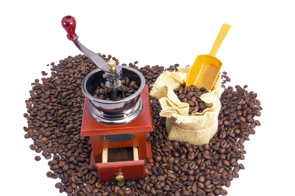 Burr μύλος καφέ εγχειρίδιο με κόκκους καφέ - Φωτογραφία, εικόνα