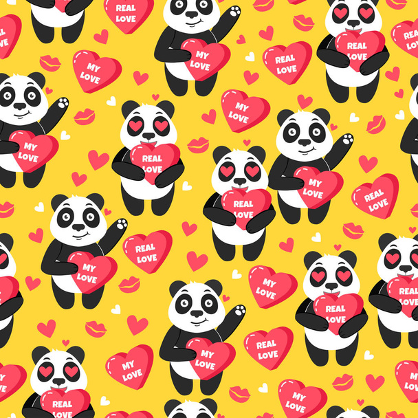 My Love. Cute panda love you. Seamless pattern with sweet hearts, kisses and animal. - Vector, Image