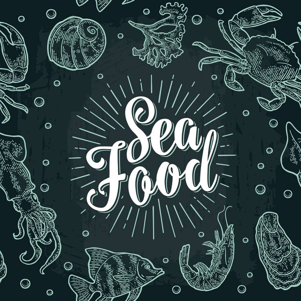 Sea food lettering and seamless pattern shell, crab, shrimp, fish. - Vektör, Görsel