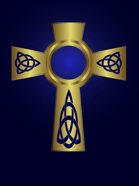 Ornate celtic gold cross on a deep blue background - Vector, Image