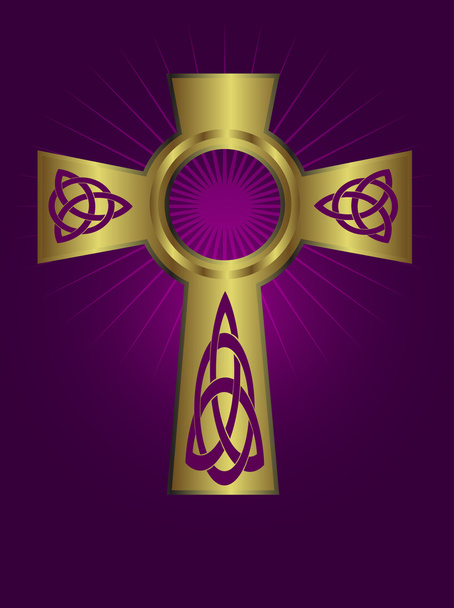 An ornate celtic gold cross on a purple background - Vector, Image