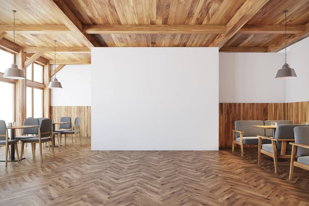 Wooden cafe interior, white wall - Foto, Imagen
