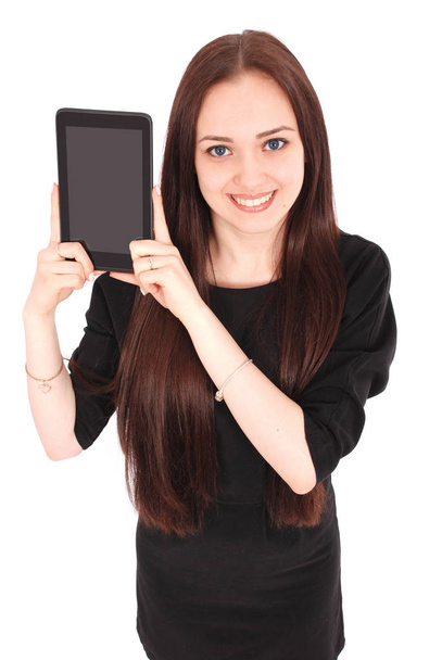 Щаслива студентка дівчина-підліток дивиться зверху і показує планшет
  - Фото, зображення