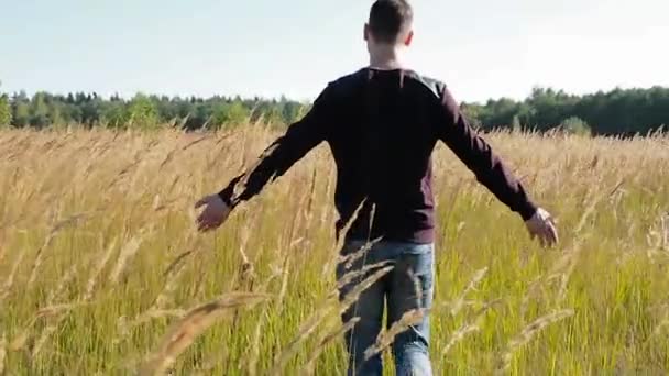 Young Man Walking and Raising Hands in the Field - Кадри, відео