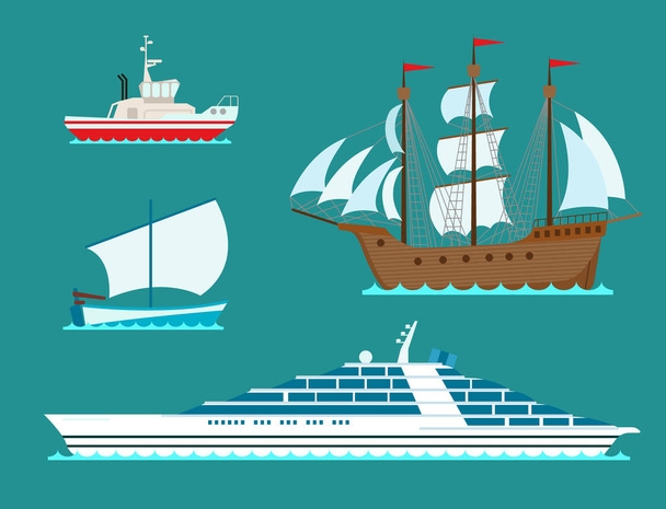 Schip kruiser boot zee symbool schip reizen industrie vector zeilboten cruise mariene pictogram set - Vector, afbeelding