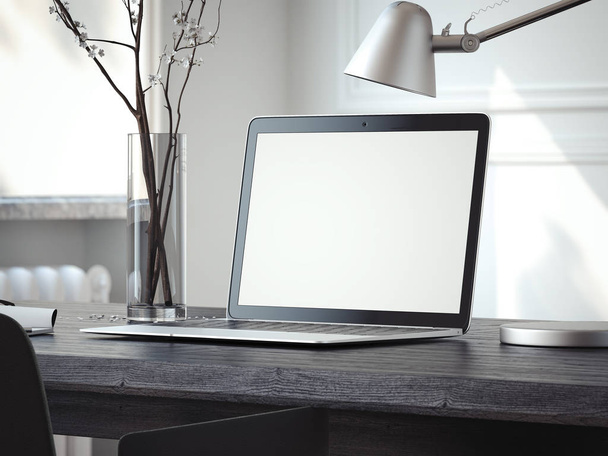 Silver laptop on the black table . 3d rendering - Φωτογραφία, εικόνα